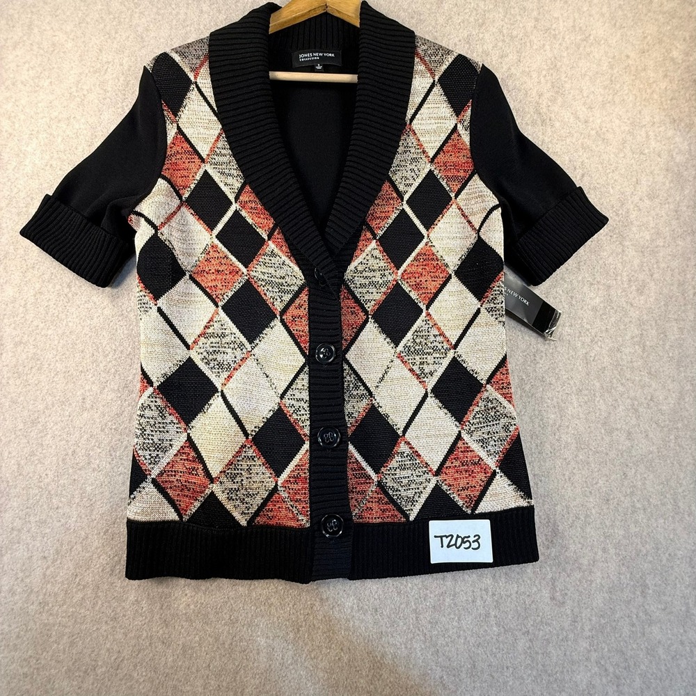 Jones New York Collection Argyle Cardigan Sweater Short Sleeve Black Red NWT Y2K